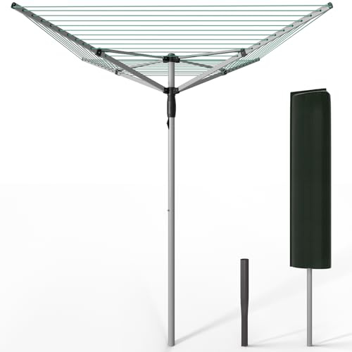 VOUNOT® Wäschespinne Draußen, Klappbarer Wäscheständer 4-stufig höhenverstellbar, Wäscheschirm mit 45m Wäscheleine inkl. Bodenhülse und Schutzhülle, Silber-Grün