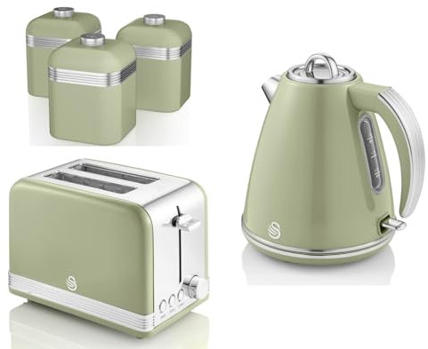 Swan Retro Green 1.5L 3KW Jug Kettle, 2 Slice Toaster and Set of 3 Tea, Coffee, Sugar Canisters. Matching Retro Design Kitchen Set of 5 in Vintage Green