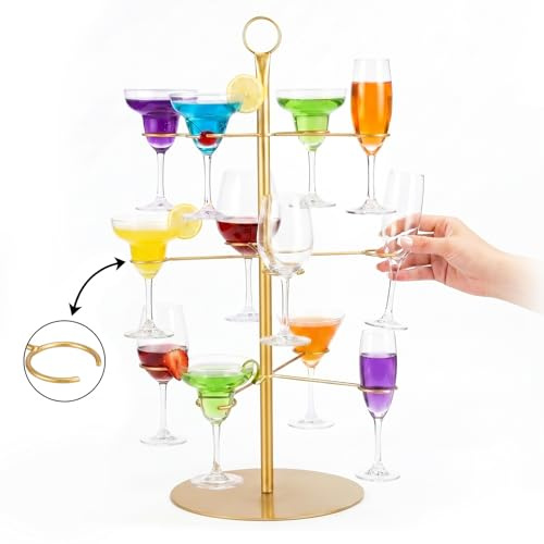 OJTOJT Getränke Tower, Cocktail Baumständer aus Metall, 3 Etagen 12 Gläser Cocktailbaumständer für Bar, Zuhause, Party, für Gin, Aperol, Cocktail, Martini, Champagner, Wein(Orange)