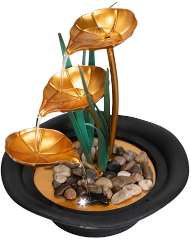 Lemodo Zimmerbrunnen LED Tischbrunnen mit Naturwasserfall, Dekobrunnen mit Metallblätter, Indoor Brunnen mit 3 Stufen, für Meditation Entspannung Wasserbrunnen Wohnzimmer Yoga Büro 23x23x24 cm
