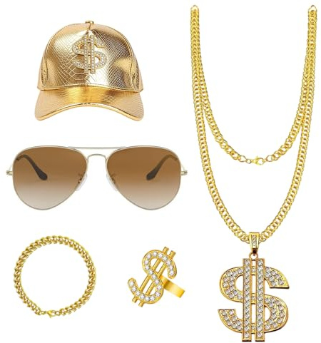 Werownsgso 5 Stück Hip Hop Kostüm Set 90er Jahre Zuhälter Kostüm Enthält Golden Baseball Cap Goldene Dollar Kette Ring Brille Armband Rapper Gangster Kostüm für Fasching Karneval