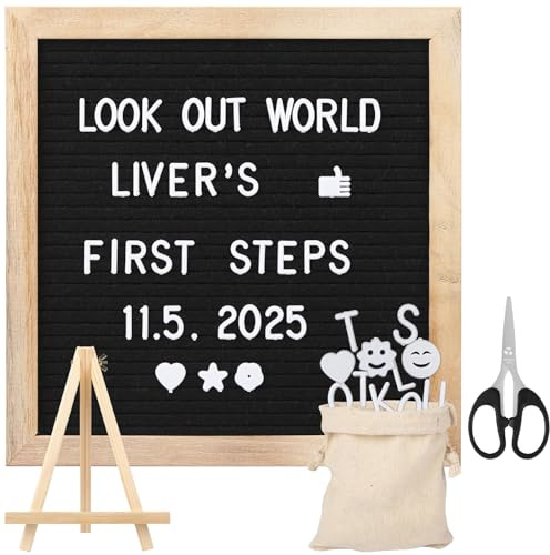 Esilihom Felt Letter Board, 10x10 Inch Changeable Message Board, Black | Message Centre with Wooden Frame & 340 Letters, Memo & Notice Board for Pregnancy and Baby Announcements, Home, Café