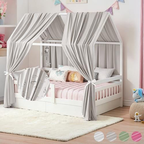 Hausbett Himmel, 2PCS Betthimmel Hausbett, Musselin himmelbett vorhänge, Hausbett Vorhang für Hausbetten, Kinderzimmer Deko Stoffhimmel für Mädchen Jungen Baldachin Kinderbett (H270 x W67CM, Grau)