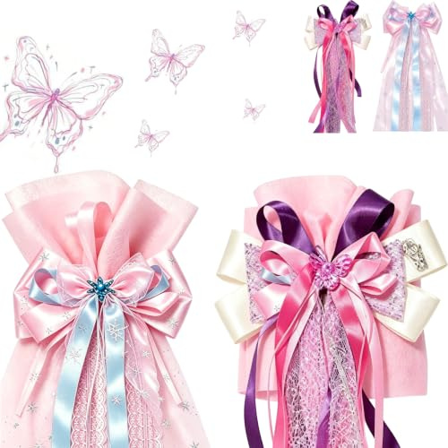 QyizuiPcn 2 Stück Schultüte Rohling 70 cm Set – Schleife Schultüte in Lila Schmetterling & Rosa Schneeflocke, Schultütenrohling 70 cm für Einschulung & Feierlichkeiten, Zuckertüte Mädchen Deko