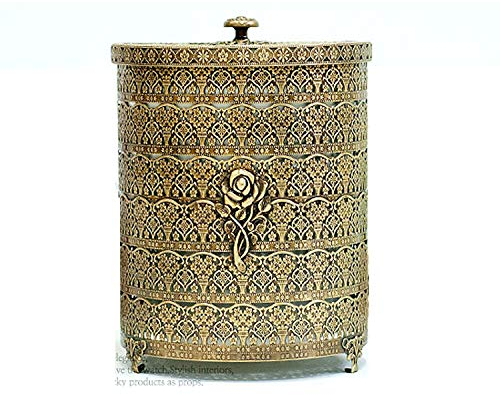 SEHAMANO Rose Patterned Antique Wastebasket, Vintage Decorative Small Trash Can, Garbage Container Bin for Vanity, Bedroom, Kitchen, Powder Rooms, Home Office Rubbish Bin (Small, Brass (Matt Gold))