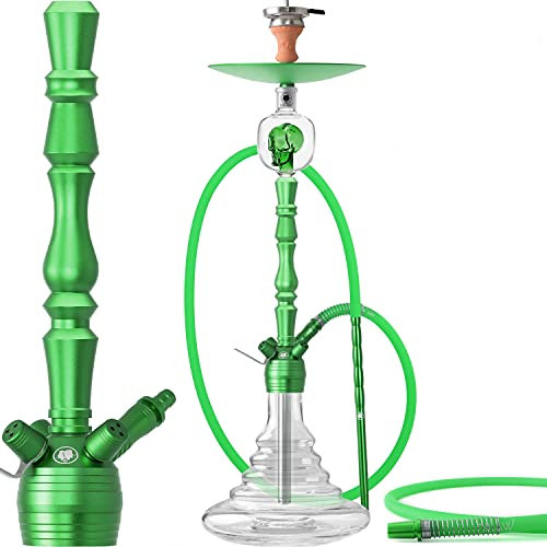 DILAW® Vatos Shisha Set Hookah 93cm Aluminium Alu + LED Licht | Wasserpfeife Kaminkopf Komplettset Molassefänger Silikonschlauch Alumundstück Tabakkopf Kaminaufsatz 18/8 Kopfschliff, Grün