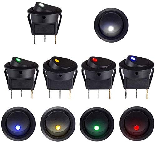 Kundorf 10pcs Interruptores de botón 12V 3 pins Basculante Redondo, 20A con 5 Colores LED Luces de Punto para Coche Barco Camión de Remolque Automóvil Encendido