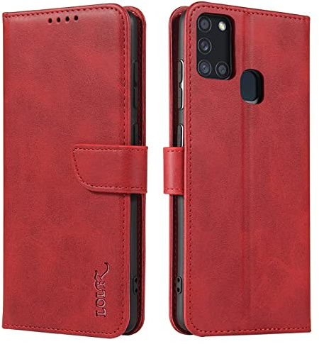 LOLFZ Wallet Case for Samsung Galaxy A21S, Vintage Leather Book Case with Card Holder Kickstand Magnetic Closure Flip Case Cover for Samsung Galaxy A21S - Red
