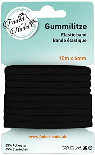 Faden & Nadel 6 mm Gummilitze : elastisches Gummiband, 10 m lang, kochfest u. bügelbar, schwarz
