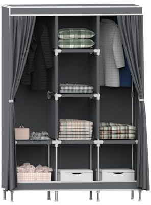 Armario Ropero de Tela Triple con Cortinas Correderas Blanco/Gris 118x45x169cm 7house