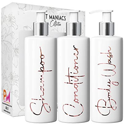 Print Maniacs White Mrs Hinch Inspired Personalised 500ml Pump Bottles Bathroom Lotion Kitchen Set Shampoo Conditioner ( 3 Set, F2 ) (Rose Gold)