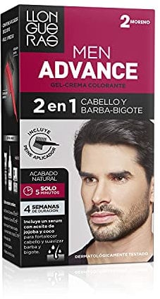 Llongueras – Men Advance, Gel Crema Colorante 2 en 1, para Cabello y Barba-Bigote, con Aceite de Jojoba, Coloración Masculina, Nutre e Hidrata, Acabado Natural en 5 Minutos, Tono 2, Moreno