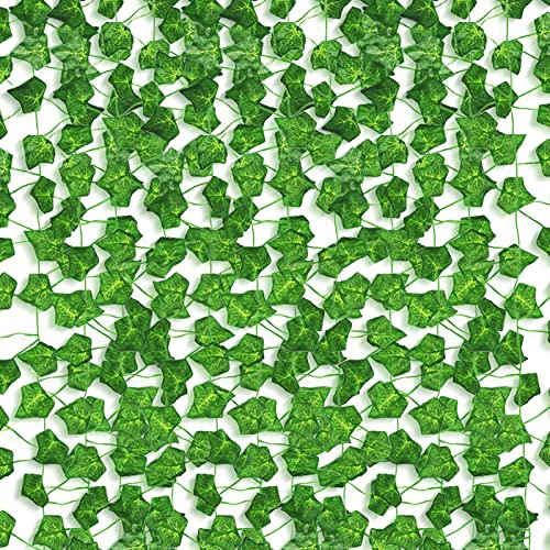LAMXD 12 Pack Artificial Ivy, 84Ft Fake Vines, UV Resistant Fake Ivy Garland, Fake Plants Green Leaves Hanging Vines for Room Decor, Party, Wedding, Office, Garden, Wall Decoration