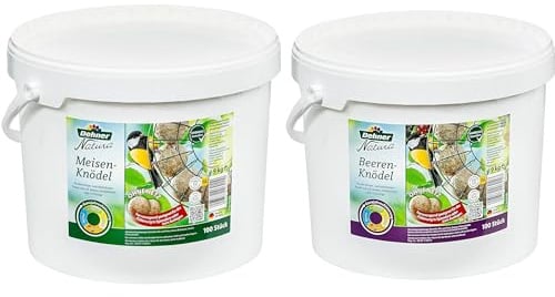 Dehner Natura Wildvogelfutter, Beeren-Knödel ohne Netz, 100 Stück (10 kg) & Natura Wildvogelfutter, Meisenknödel, ohne Netz, 100 Stück (10 kg)
