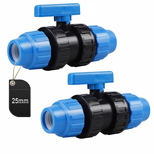 SWAWIS 2 Stück Kugelhahn für PE-Rohr Kunststoff Kugelhahn PP-Fitting Verschraubung für PE Rohr, 25mm (Blau)