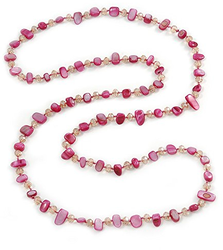 Avalaya Fuchsia Shell Nugget and Transparent Glass Crystal Bead Long Necklace/110cm L
