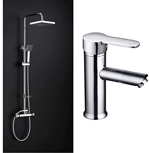 DP Grifería V002BEX RY-S002+V002B EX-Set de Ducha Grifo, termostatico incluido (Extensible), Plateado + SA-0001 Grifo Monomando de Lavabo Serie Roble