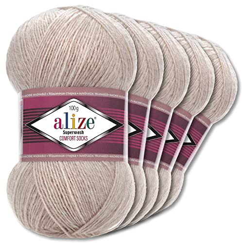 Wohnkult Alize 5x100g Superwash Comfort Sockenwolle 33 Farben zur Auswahl EIN-/Mehrfarbig (152 | Hellbeige Melange)