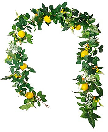 Plcnn 6ft Artificial Lemon Garland Spring Summer Fake Fruit Garland with Lemon and Green Leaves Yellow Lemon Branch Wreath for Front Door, Wall Decor