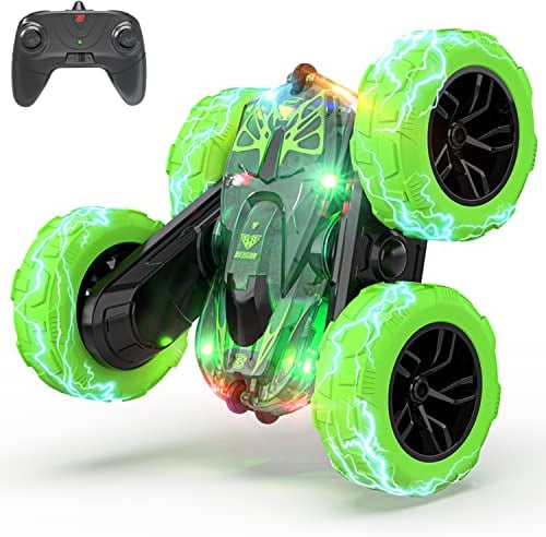 BEZGAR LED Remote Control Cars - 2.4GHz Double Sided Stunt Car, 360° Flips Rotating 4WD RC Car, Indoor & Outdoor Fun Rechargeable Toy Gifts for Boys Kids Girls, TD203 Green