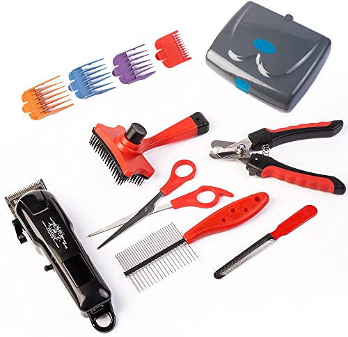 AMC Tosatrice elettrica professionale per cani e gatti, Tosatrice senza filo professionale tosatura efficiente ideale per cani e gatti a pelo lungo batteria da 2000mAh, astuccio e accessori inclusi