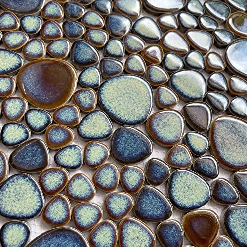 Bravotti Porcelain Pebble Tiles Interlocking Aqua Teal Blue Mosaic Wall Decor Mesh Mounted 12x12 Waterproof Ceramic Pool Tile Kitchen Backsplash Bathroom Shower Floor Tile (5 Square Feet)