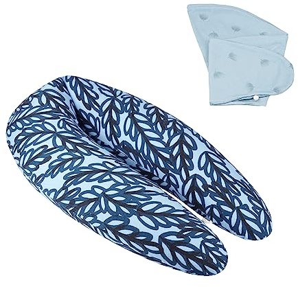 Babymoov B.Love Stillkissen & Schwangerschaftskissen Blue Leaves inkl. 1 Extrabezug Wind Blue - mit Bezug aus Bio-Baumwolle und feiner Mikroperlen-Füllung, 190cm