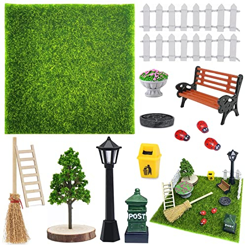PANMAY 15 Stück Miniatur Garten Zubehör,Kunstrasen Miniaturgarten,Zubehör mit Miniatur Kunstrasen, Zaun, Bank, Straßenlampe, Holzleiter,Baum, Besen,Mini Garten Möbel Deko Set für Puppenhaus