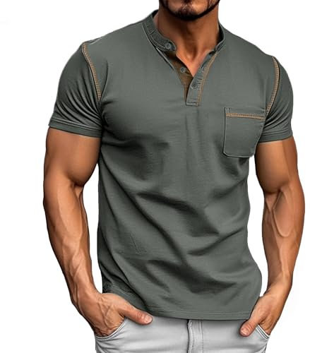 Donason Camiseta de Manga Corta para Hombre Camisa Henley Casual de Verano T-Shirt Básico Cuello Redondo con Botónes y Bolsillo