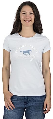 MUSTANG Damen T-Shirt Rundhals O-Neck Basic Slim Fit Kurzarm Logo Print Sommer Shirt 100% Baumwolle Weiß Blau Grün Rot S M L XL XXL, Größe:M, Farbe:Hellblau (1014028-5022)