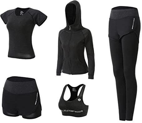 DJKTTMKW Sport Set Damen Trainingsanzug Jogginganzug Set 5 Stück Sportanzug Yoga kleidung Sport Outfit Fitness Sportkleidung Anzug Gym Set (Schwarz A, XL)
