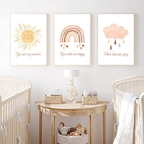 Boho-Kinderzimmer-Wandkunst, Leinwandgemälde, You Are My Sunshine, Regenbogen, nordische Poster, Drucke, Baby- und Kinderzimmerdekoration, 15,7 x 23,6 Zoll (40 x 60 cm) x 3, ohne Rahmen