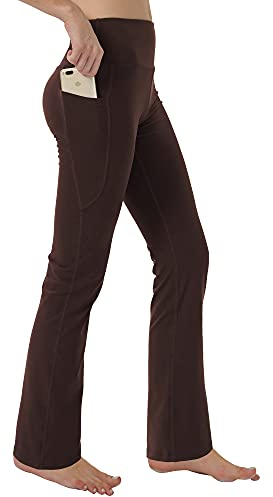 Fiita Damen High Waist Bootcut Yoga Hose mit Taschen Bauchkontrolle Workout Laufhose Lange Bootleg Flare Hose in Braun XX-Large