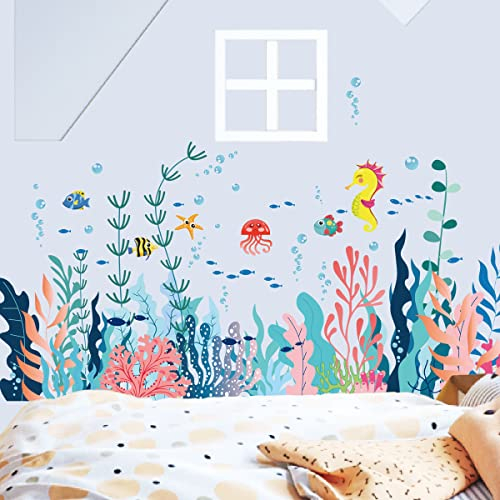 Wandtattoo Unter dem Meer,3 Blätter Wandsticker Seegras Peel and Stick Wandaufkleber PVC Wandaufkleber Fische Korallen Oktopus Bordüre Wandsticker Kinderzimmer Babyzimmer Badezimmer Wanddeko