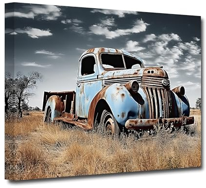 CXHOSTENT Rustikales altes LKW Leinwandbild rostiger LKW Badezimmerbilder Wanddekoration Vintage Blau Auto Kunstdrucke für Küchendekoration (D, 30.00 x 45.00 cms)