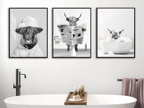 3er Set Poster Hochlandkuh Badezimmer Poster,Bilder von Geld Orang Utans und Affen,Tier Schwarz Weiß Wand Kunst Drucke,Rahmenlos (Poster-01,3Pcs-30x40cm)