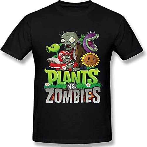 Plants vs. Zombies Men's T-Shirt Crew Neck Cotton Shirt Short Sleeves Soft Tee Black S