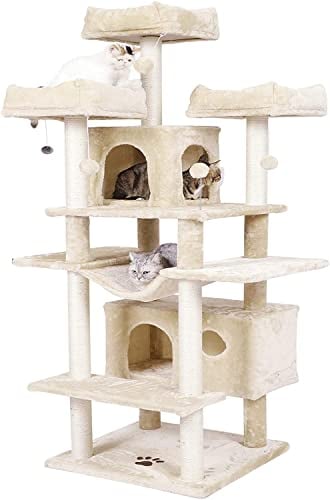 MSmask Kratzbaum groß XXL, 175cm Katzenbaum stabil mit 3 Aussichtsplattformen, Katzenkratzbaum für große Katzen, Kratzsäulen mit Sisal, Beige