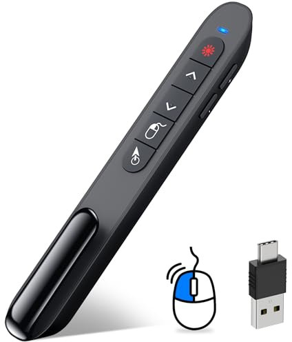 DINOSTRIKE Clicker de présentation USB-A et USB-C avec contrôle de la souris d'air, télécommande sans fil rechargeable, pointeur PPT RF 2,4 GZ, PowerPoint Clicker Slide Advancer pour Mac, ordinateur