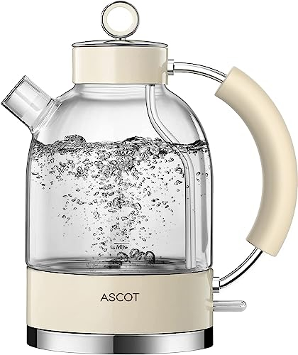 ASCOT Electric Kettle, Glass Electric Tea Kettle, Gift for Man/Women/Family, 1.5L Glass Tea Heater & Hot Water Boiler, BPA-Free, Auto Shut-Off Boil-Dry Protection (Cream) (K2)