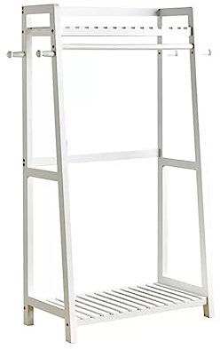 forestalk Kleiderständer aus Holz mit 4 Haken, freistehender Kleiderständer mit 2-lagigem Aufbewahrungsregal, offener Kleiderschrank für Wohnzimmer und Schlafzimmer