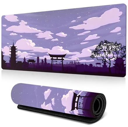 Hixingo Japanischer Stil Mauspad XXL/XL/L, Gaming Mauspad, Mauspad mit Anti-Rutsch Gummiboden, Vernähte Kanten Mousepad, Sonnenuntergang Mouse pad für Büro, Zuhause (900 * 400 * 3mm,Lila)