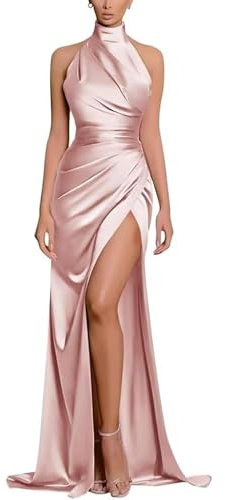 SWEMILE Robe en Satin Col Halter sans Manches Dos Nu Robe de Soirée de Bal de Gala de Cérémonie Robe Fendue Sexy Elégant et Chic Promo Robe Rose Pâle Taille 40