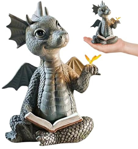 Hperu Statues de Dragon,Ornements de Jardin de Dragon Statues de Dragon résistantes aux intempéries Sculpture Dragon de Jardin en résine lisant Un Livre Décor pour Le Patio Statues d'extérieur