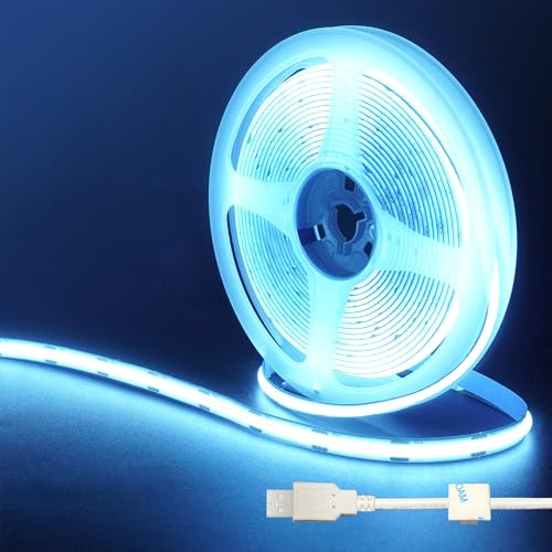Clearhill 5V USB COB LED Strip Lights, 16.4FT / 5M, Eisblau, 320LEDs / M, 8mm Breite, Nicht wasserdicht IP20, 1M USB-Kabel, Flexible LED-Bandleuchte für DIY-Innendekoration
