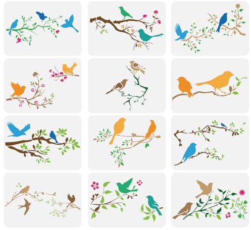 FINGERINSPIRE 12Pcs Grand Pochoir de Peinture D'Oiseaux sur Une Branche D'Arbre 21x29.7cm 12style PET Sérénade Aviaire Pochoir de Pulvérisation Famille D'Oiseaux Flottant Dessin Modèle Mural D'Animaux