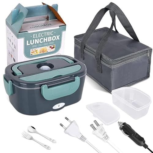 Dcbeduff Lunch Box Chauffante,3 en 1 60W 1.5L Boite Chauffante Repas pour Voiture Camion Maison,12V/24V/220V Gamelle Chauffante pour le Camping Domestique avec sac à Fourchette et Cuillère (A)
