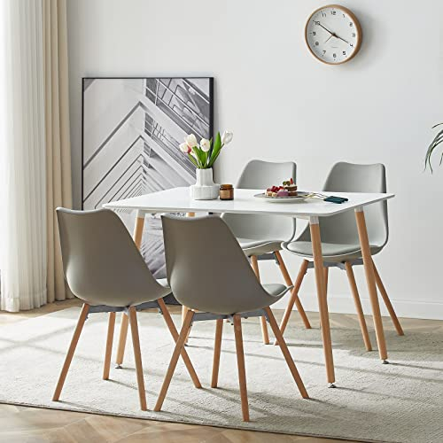 LafeuR Esszimmergruppe Esstisch mit 4 Stühlen, Rechteckig Küchentisch-Set Essgruppe für Küche Esszimmer und Wohnzimmer (Weiß Tisch+4 Grau Esszimmerstühle)