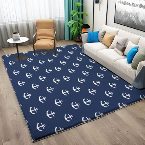 Teppich 80 x 150cm Anker&Blau Kinder Teppich Dekoration Schlafzimmer Kinderzimmer Wohnzimmer, Modern rutschfest Waschbar Flanell Kinderteppiche Heimdekoration