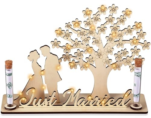 Blulu Hochzeit Geldgeschenke Geldbaum Geschenk aus Holz Just Married Hochzeitsgeschenke mit LED Lichterkette 2 Reagenzgläser Holzbaum Dekoration Brautpaare Geschenk für Freunde Familie Liebhaber